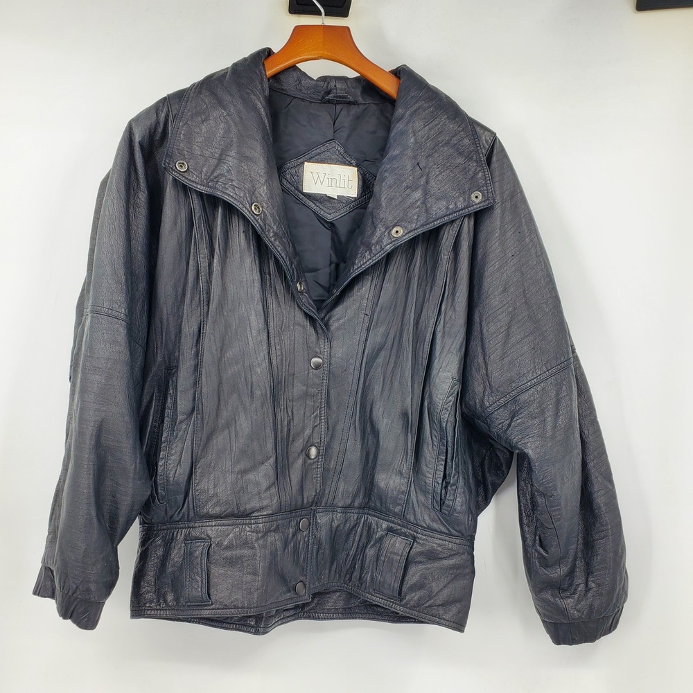 Winlit Vintage 80s Black Leather Bomber Jacket Dolman Batwing Grunge Moto Retro